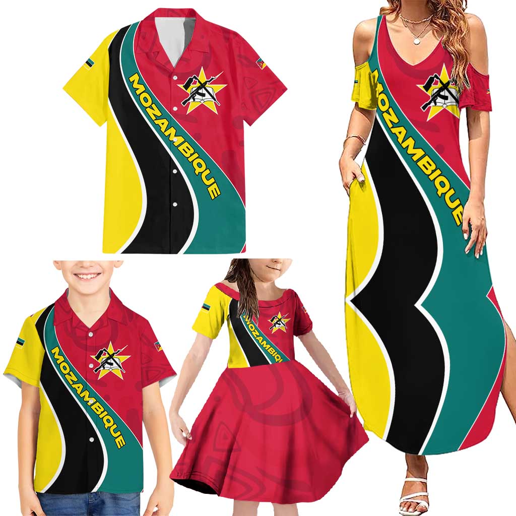 Mozambique Family Matching Summer Maxi Dress and Hawaiian Shirt with Red Yellow Green Wave Design and National Emblem - Wonder Print Shop