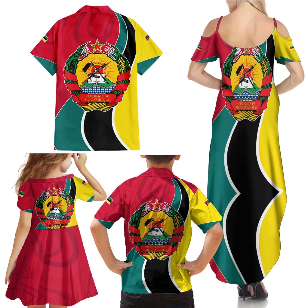 Mozambique Family Matching Summer Maxi Dress and Hawaiian Shirt with Red Yellow Green Wave Design and National Emblem - Wonder Print Shop