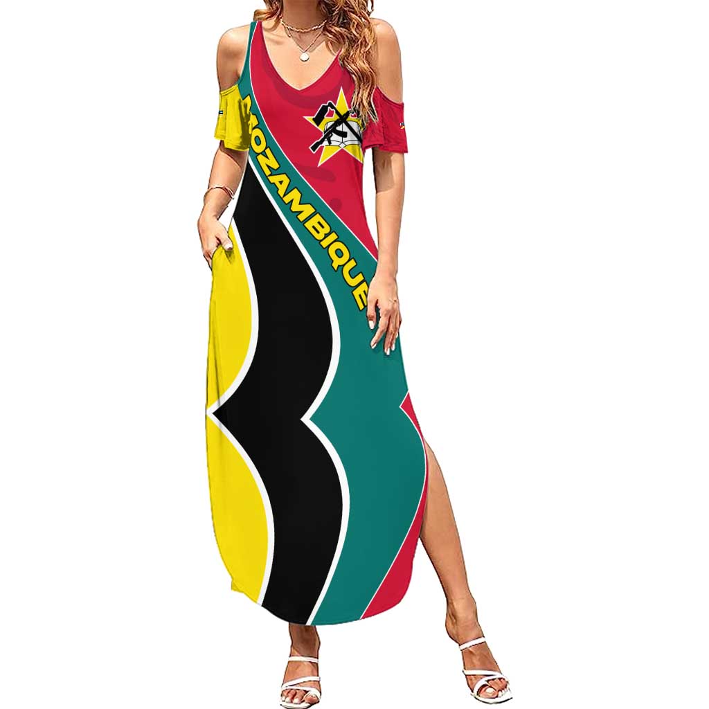 Mozambique Family Matching Summer Maxi Dress and Hawaiian Shirt with Red Yellow Green Wave Design and National Emblem - Wonder Print Shop