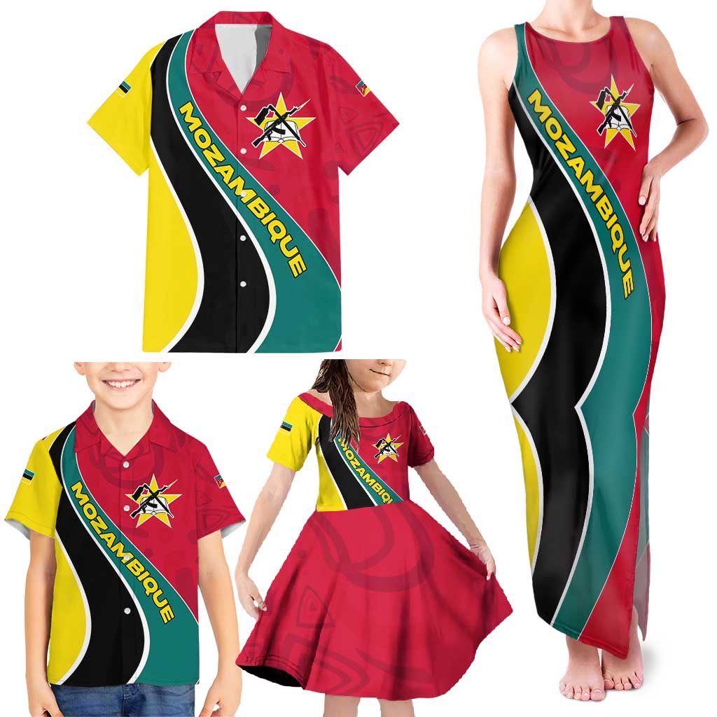 Mozambique Family Matching Tank Maxi Dress and Hawaiian Shirt with Red Yellow Green Wave Design and National Emblem - Wonder Print Shop