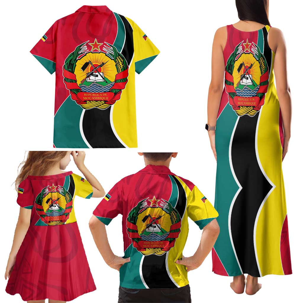 Mozambique Family Matching Tank Maxi Dress and Hawaiian Shirt with Red Yellow Green Wave Design and National Emblem - Wonder Print Shop