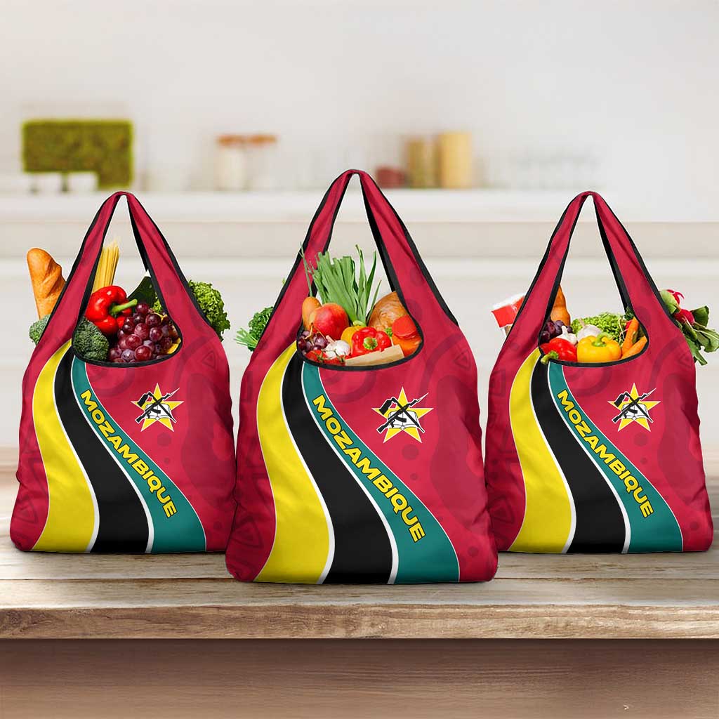 Mozambique Grocery Bag with Red Yellow Green Wave Design and National Emblem - Wonder Print Shop