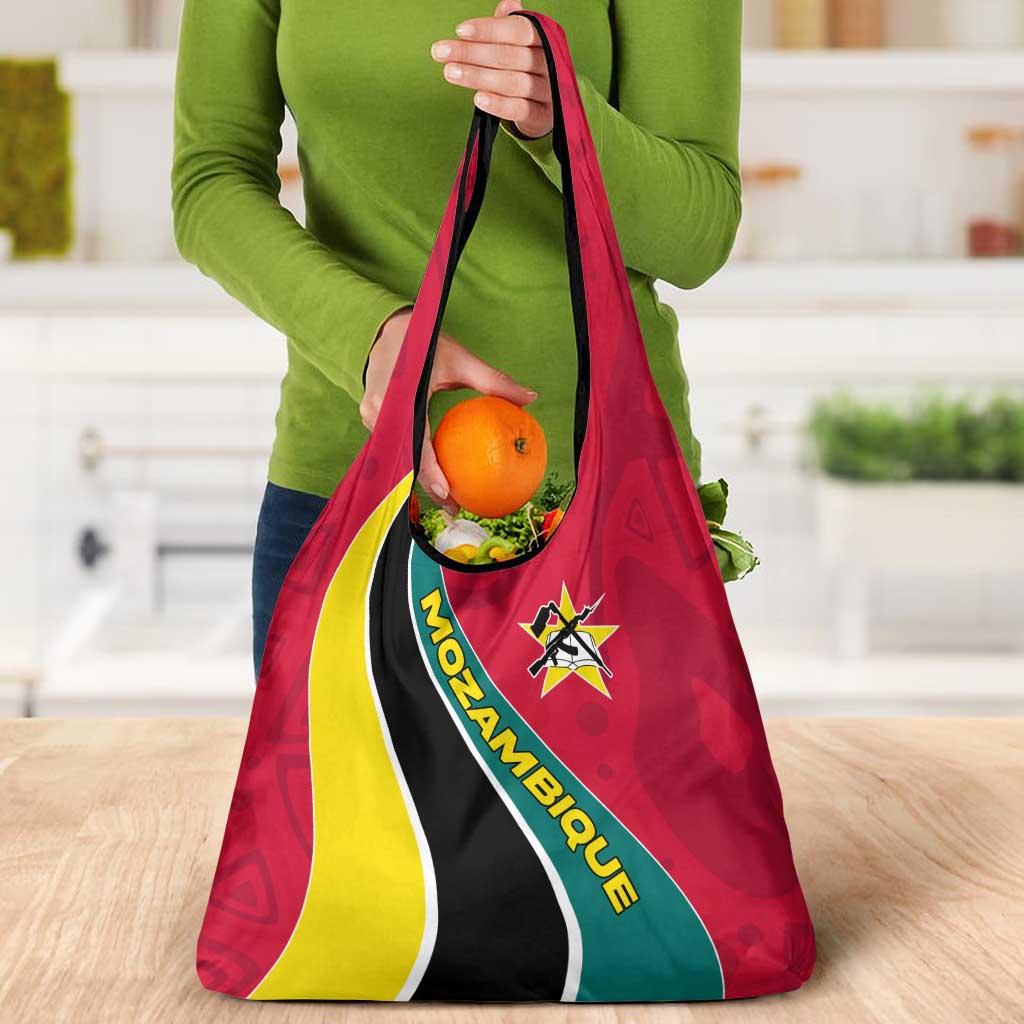 Mozambique Grocery Bag with Red Yellow Green Wave Design and National Emblem - Wonder Print Shop