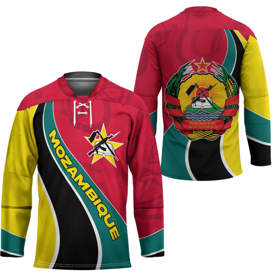 Mozambique Hockey Jersey with Red Yellow Green Wave Design and National Emblem - Wonder Print Shop