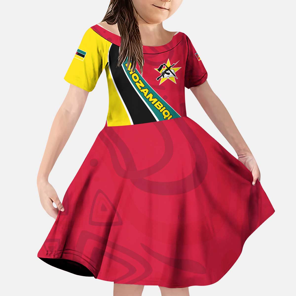 Mozambique Kid Short Sleeve Dress with Red Yellow Green Wave Design and National Emblem - Wonder Print Shop