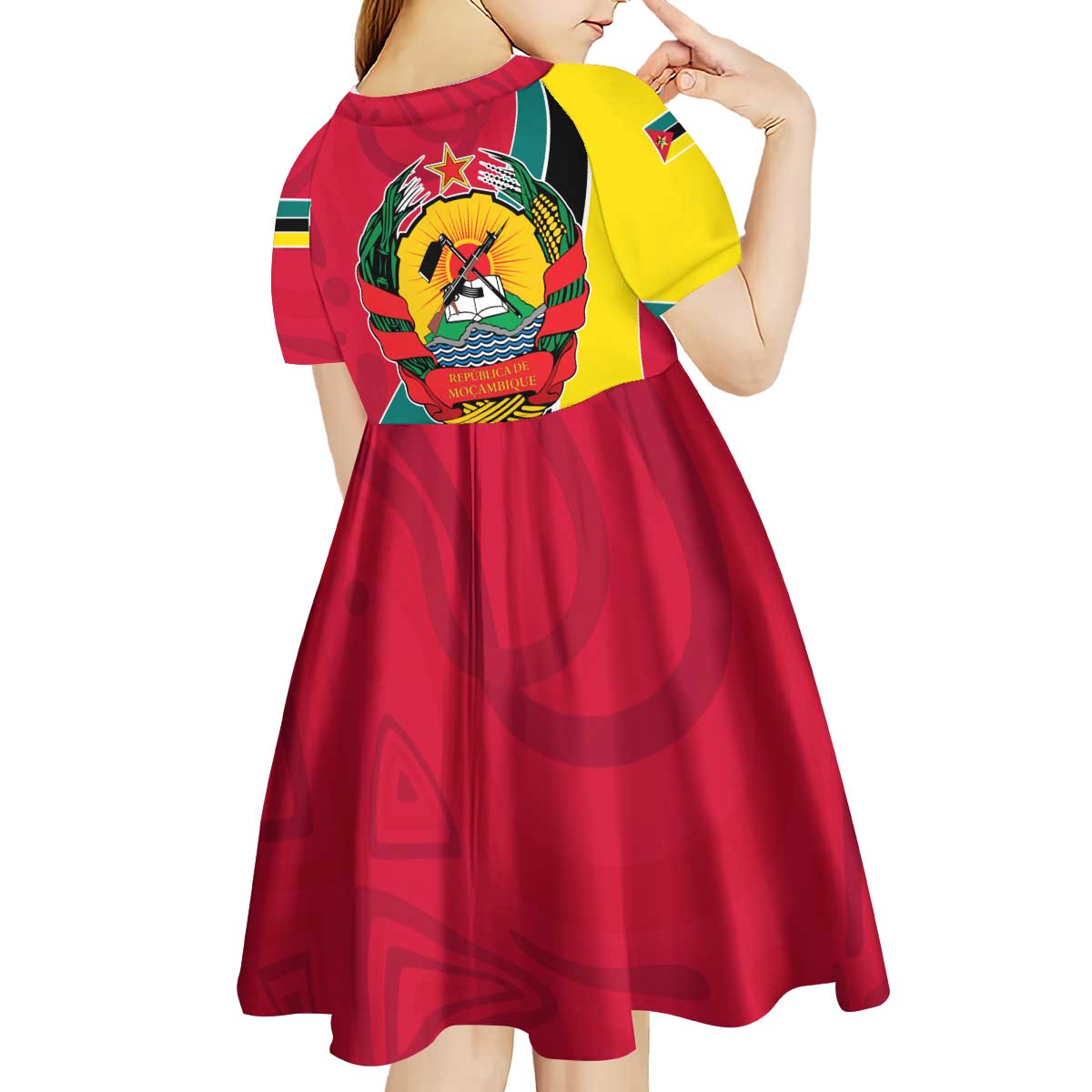 Mozambique Kid Short Sleeve Dress with Red Yellow Green Wave Design and National Emblem - Wonder Print Shop