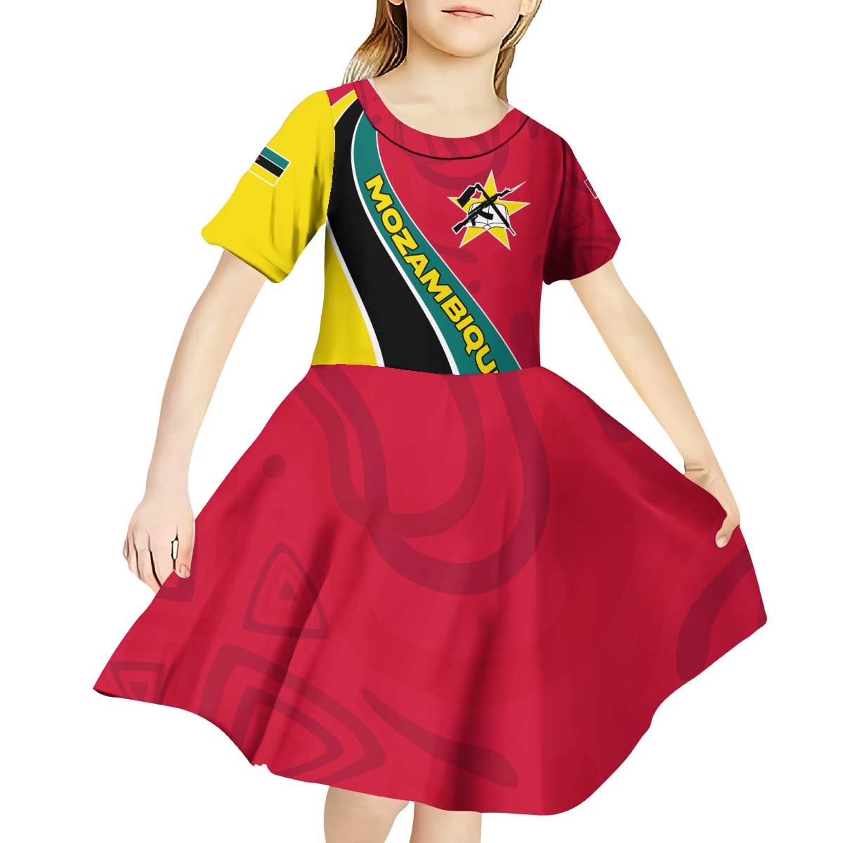 Mozambique Kid Short Sleeve Dress with Red Yellow Green Wave Design and National Emblem - Wonder Print Shop