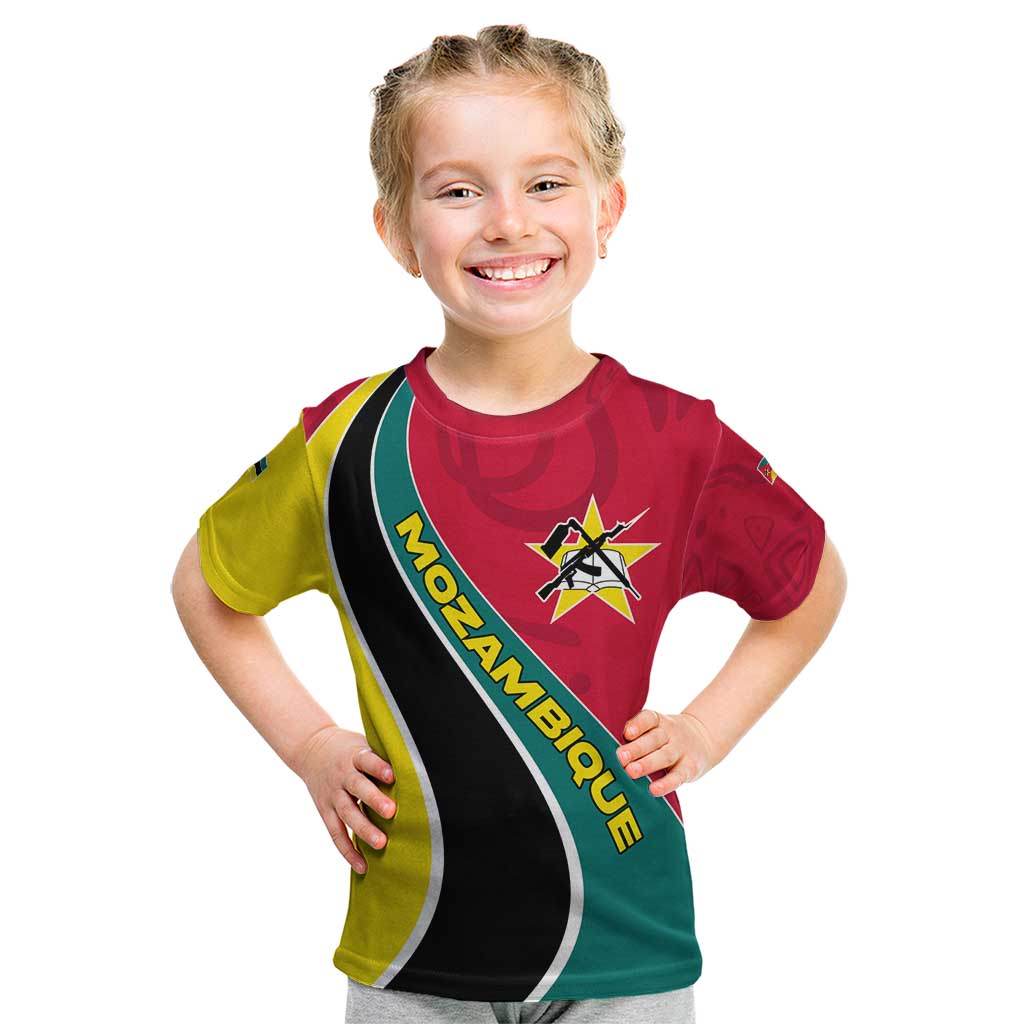 Mozambique Kid T Shirt with Red Yellow Green Wave Design and National Emblem - Wonder Print Shop
