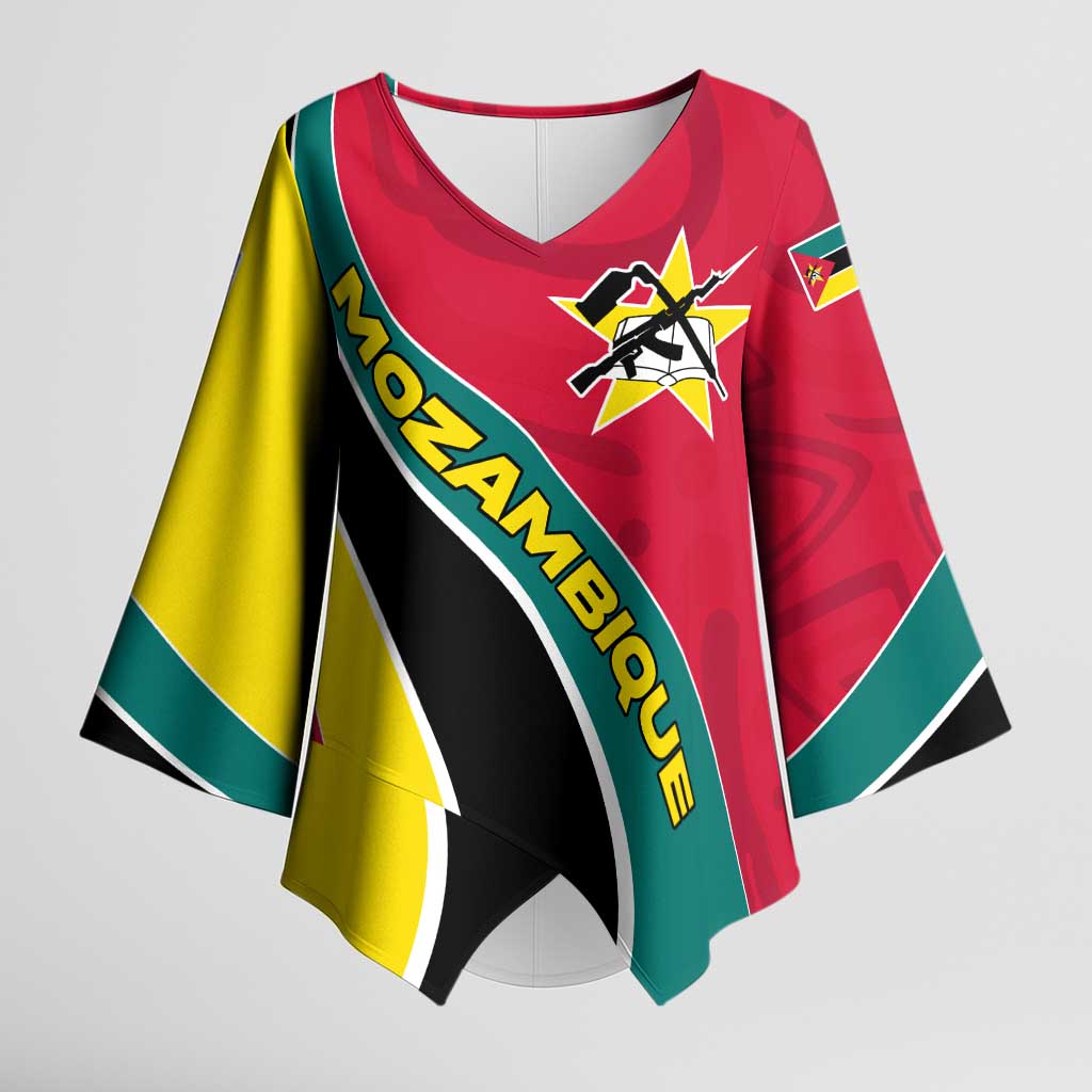 Mozambique Kimono Sleeve Blouse with Red Yellow Green Wave Design and National Emblem - Wonder Print Shop