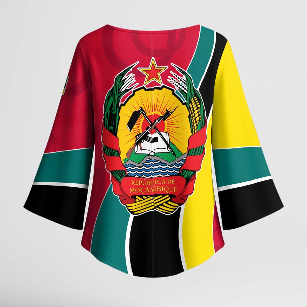 Mozambique Kimono Sleeve Blouse with Red Yellow Green Wave Design and National Emblem - Wonder Print Shop