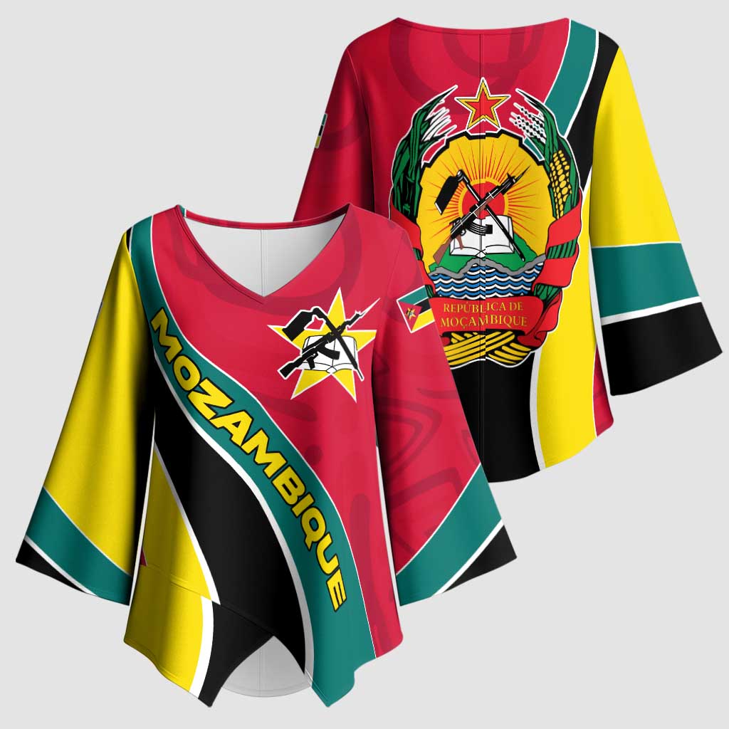 Mozambique Kimono Sleeve Blouse with Red Yellow Green Wave Design and National Emblem - Wonder Print Shop