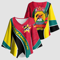 Mozambique Kimono Sleeve Blouse with Red Yellow Green Wave Design and National Emblem - Wonder Print Shop