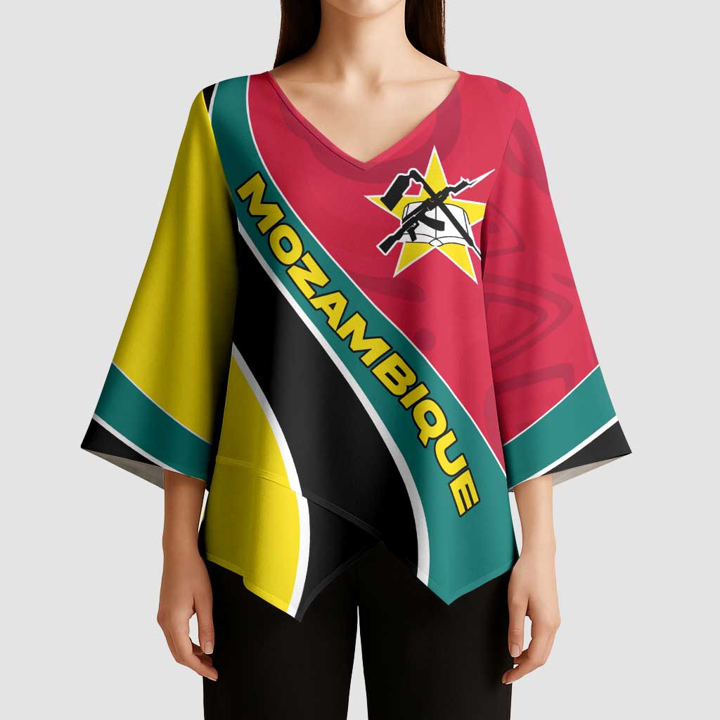 Mozambique Kimono Sleeve Blouse with Red Yellow Green Wave Design and National Emblem - Wonder Print Shop