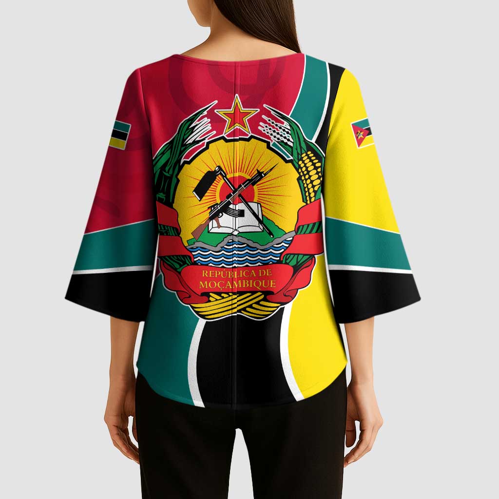Mozambique Kimono Sleeve Blouse with Red Yellow Green Wave Design and National Emblem - Wonder Print Shop
