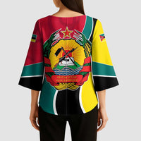Mozambique Kimono Sleeve Blouse with Red Yellow Green Wave Design and National Emblem - Wonder Print Shop