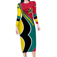 Mozambique Long Sleeve Bodycon Dress with Red Yellow Green Wave Design and National Emblem - Wonder Print Shop