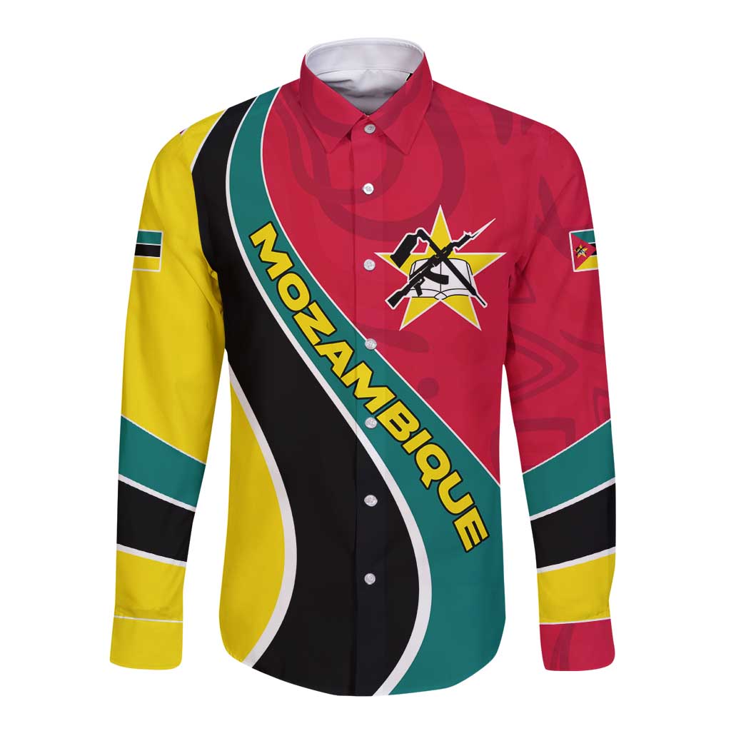 Mozambique Long Sleeve Button Shirt with Red Yellow Green Wave Design and National Emblem - Wonder Print Shop