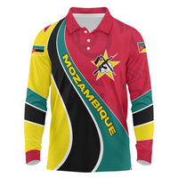 Mozambique Long Sleeve Polo Shirt with Red Yellow Green Wave Design and National Emblem - Wonder Print Shop