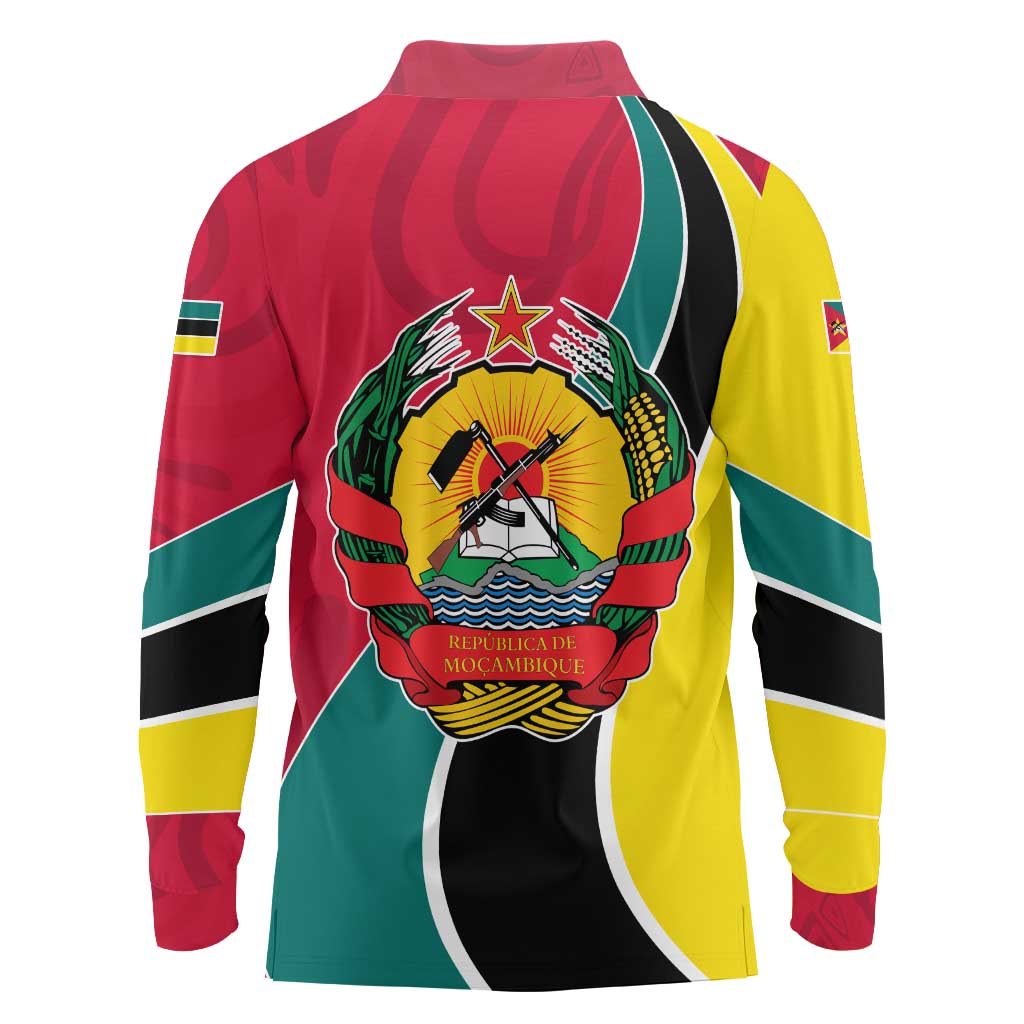 Mozambique Long Sleeve Polo Shirt with Red Yellow Green Wave Design and National Emblem - Wonder Print Shop
