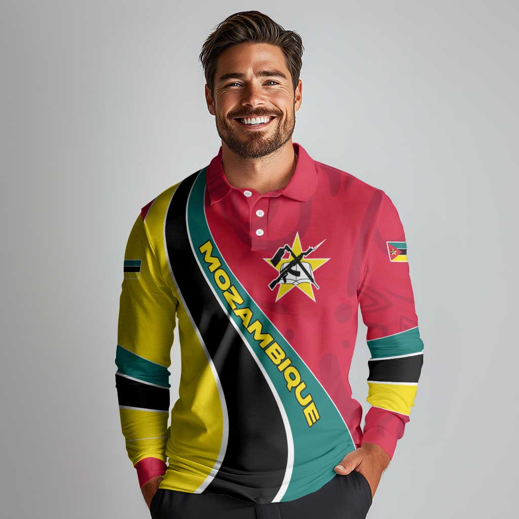 Mozambique Long Sleeve Polo Shirt with Red Yellow Green Wave Design and National Emblem - Wonder Print Shop