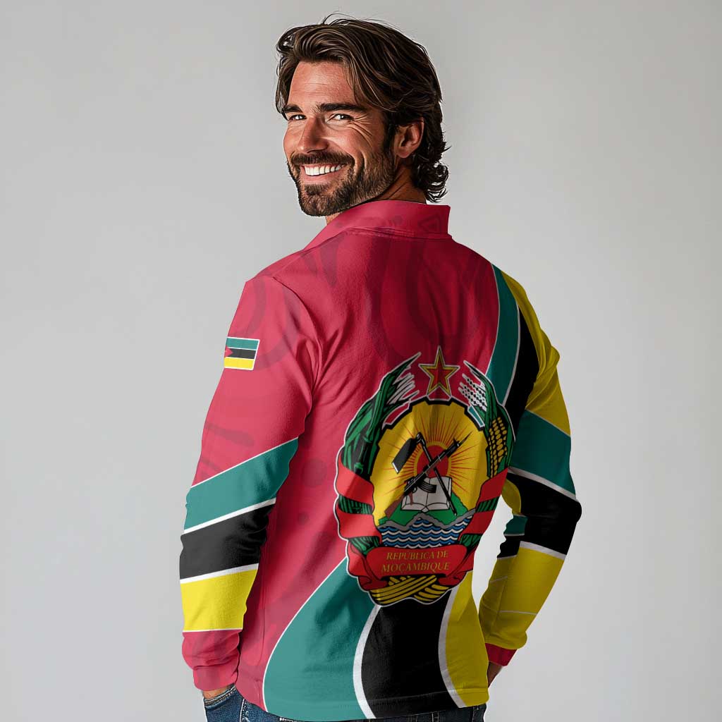 Mozambique Long Sleeve Polo Shirt with Red Yellow Green Wave Design and National Emblem - Wonder Print Shop