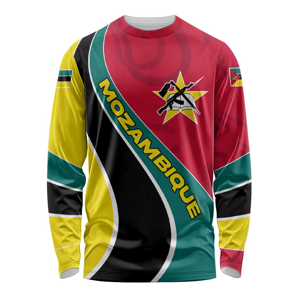 Mozambique Long Sleeve Shirt with Red Yellow Green Wave Design and National Emblem - Wonder Print Shop