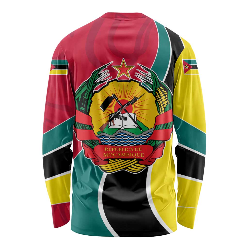 Mozambique Long Sleeve Shirt with Red Yellow Green Wave Design and National Emblem - Wonder Print Shop