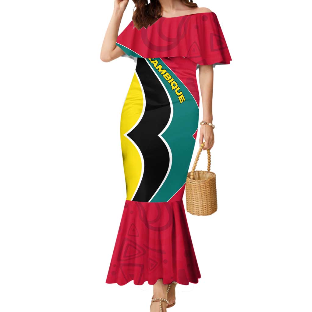 Mozambique Mermaid Dress with Red Yellow Green Wave Design and National Emblem - Wonder Print Shop