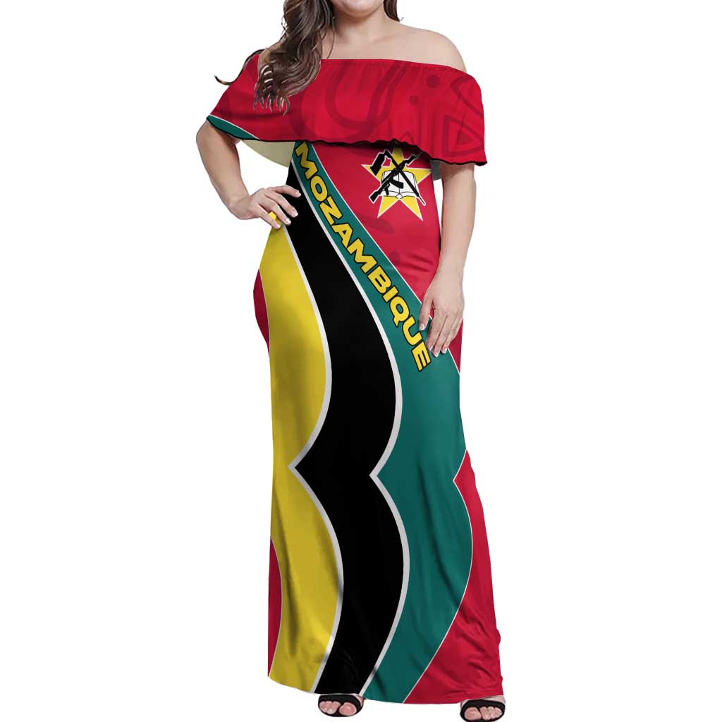 Mozambique Off Shoulder Maxi Dress with Red Yellow Green Wave Design and National Emblem - Wonder Print Shop