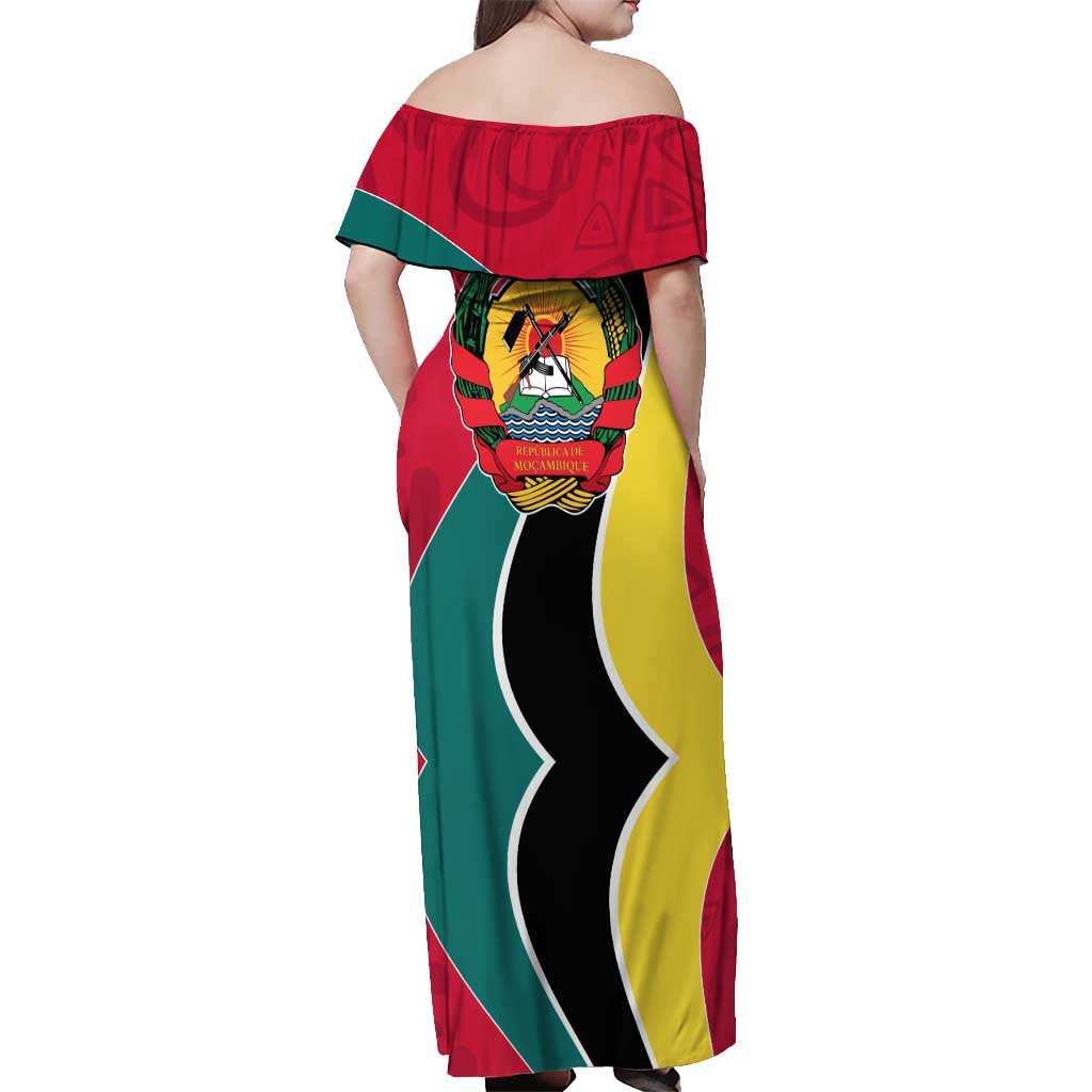 Mozambique Off Shoulder Maxi Dress with Red Yellow Green Wave Design and National Emblem - Wonder Print Shop
