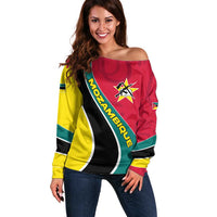 Mozambique Off Shoulder Sweater with Red Yellow Green Wave Design and National Emblem - Wonder Print Shop