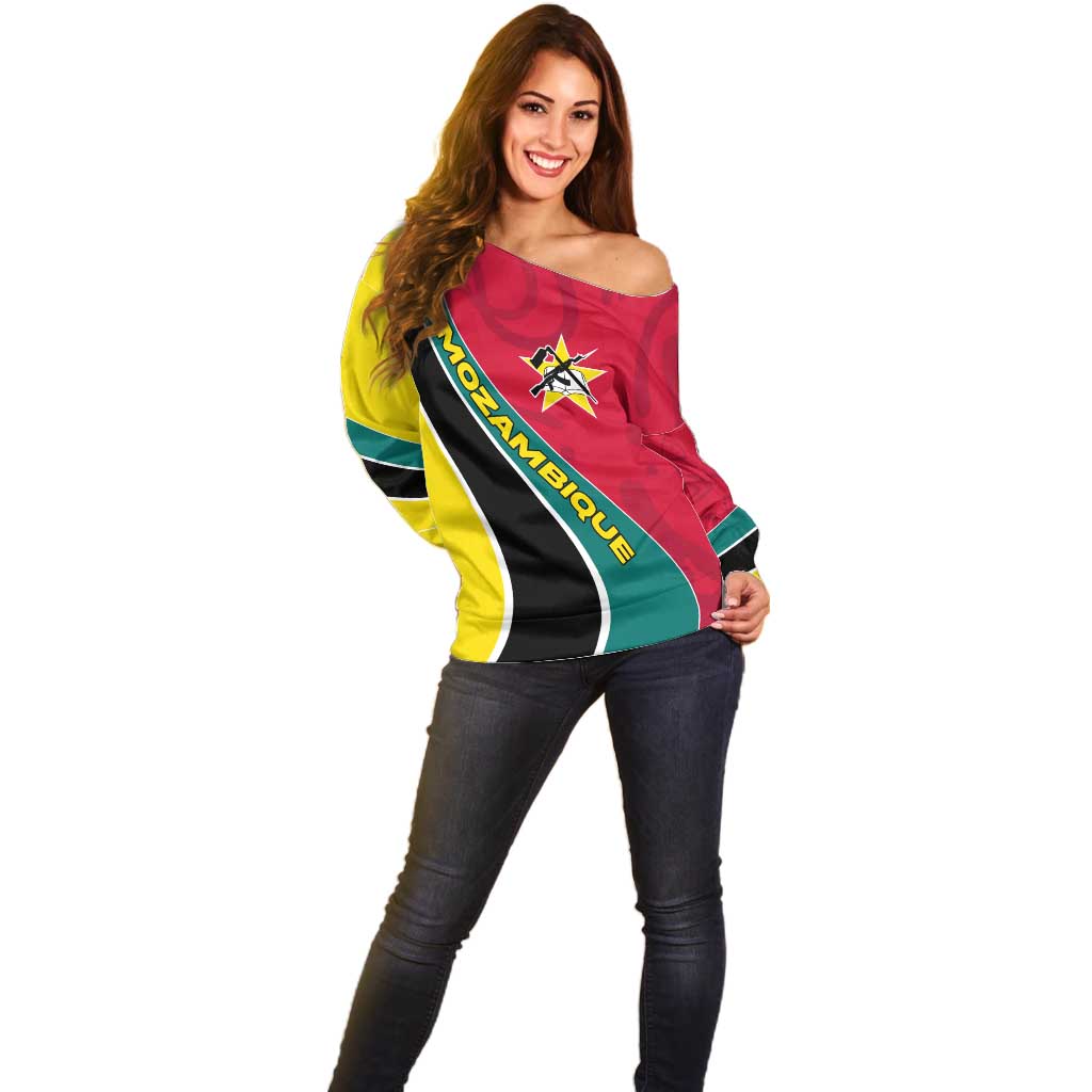 Mozambique Off Shoulder Sweater with Red Yellow Green Wave Design and National Emblem - Wonder Print Shop