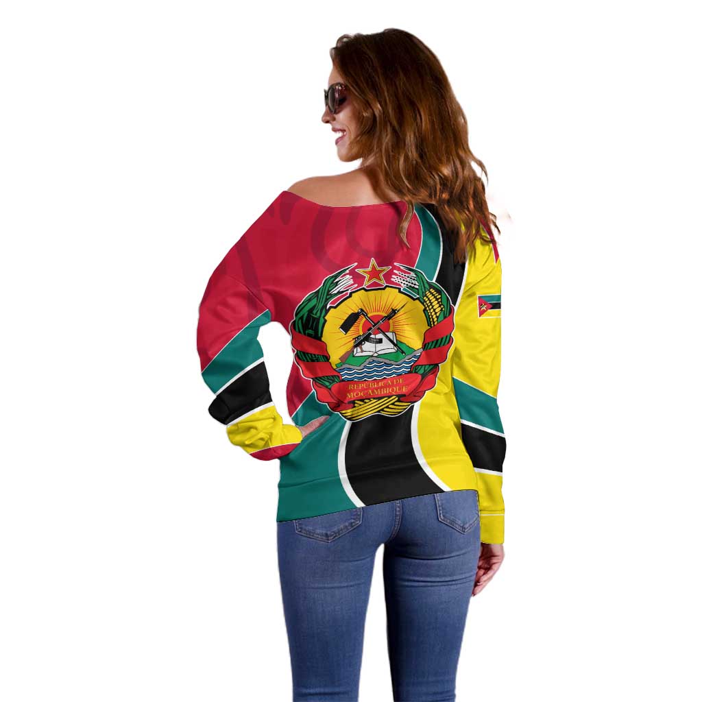 Mozambique Off Shoulder Sweater with Red Yellow Green Wave Design and National Emblem - Wonder Print Shop