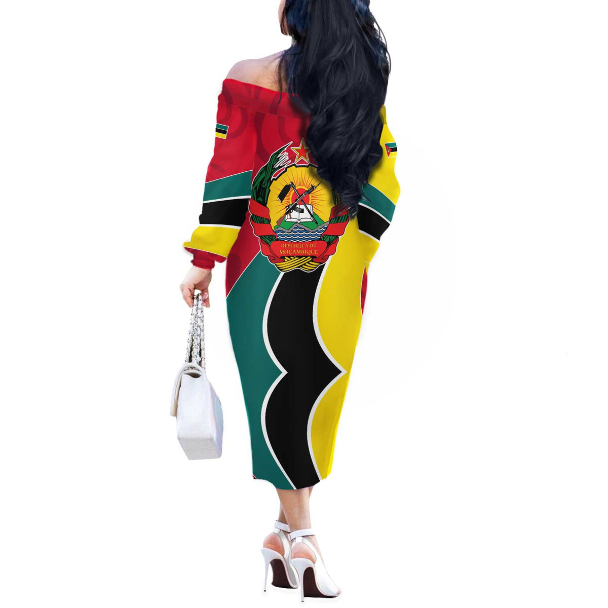 Mozambique Off The Shoulder Long Sleeve Dress with Red Yellow Green Wave Design and National Emblem - Wonder Print Shop