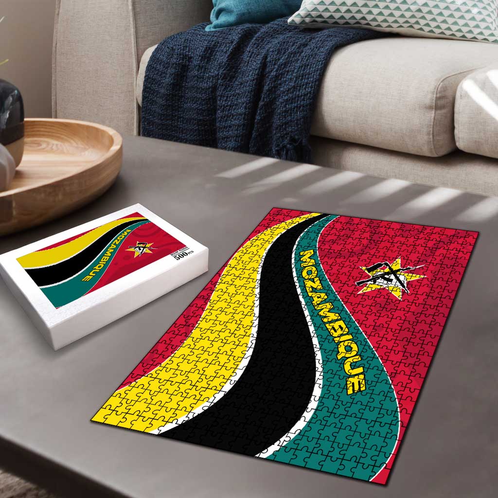 Mozambique Puzzle with Red Yellow Green Wave Design and National Emblem - Wonder Print Shop