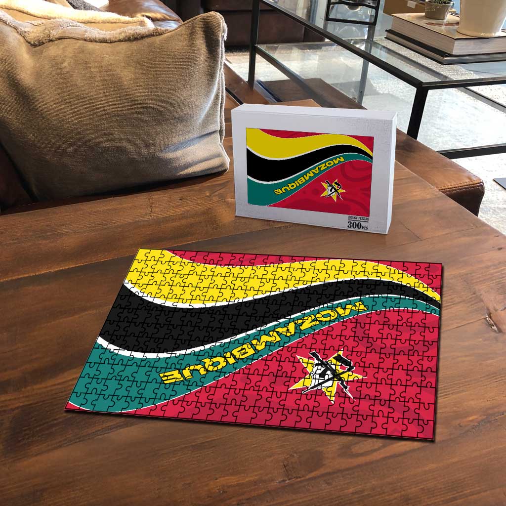 Mozambique Puzzle with Red Yellow Green Wave Design and National Emblem - Wonder Print Shop