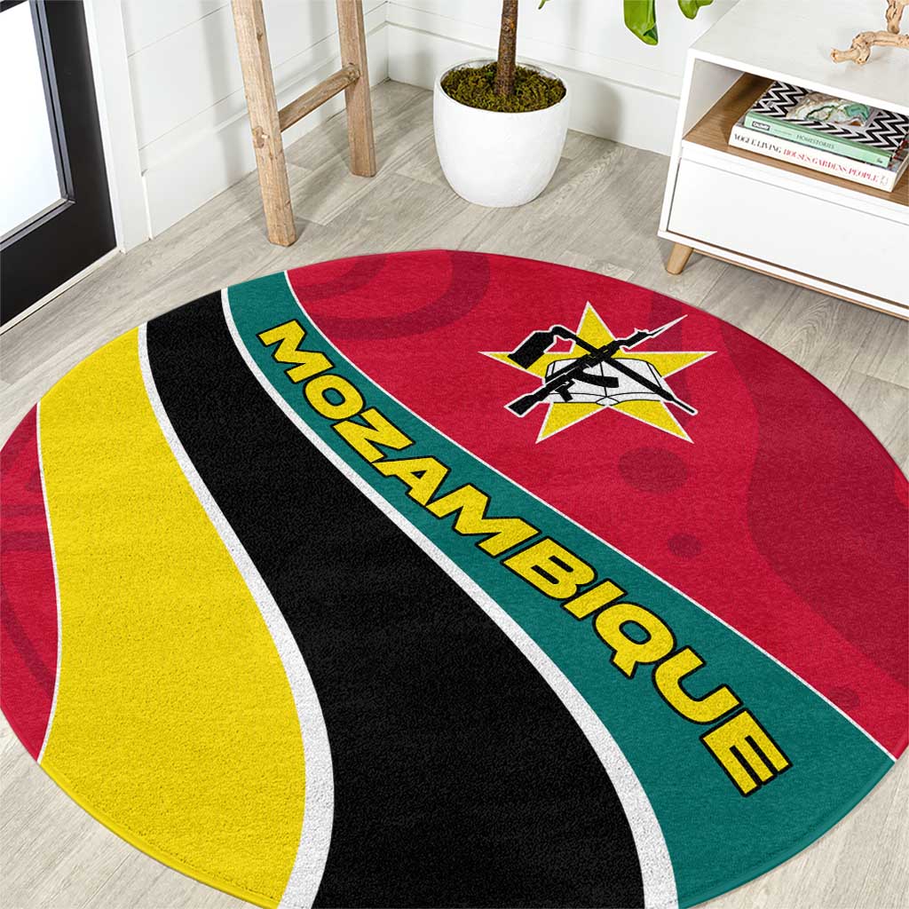 Mozambique Round Carpet with Red Yellow Green Wave Design and National Emblem - Wonder Print Shop
