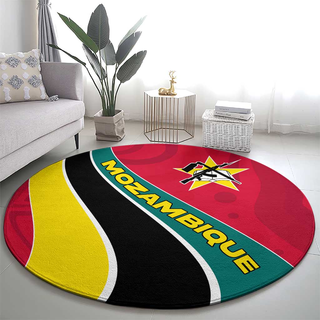 Mozambique Round Carpet with Red Yellow Green Wave Design and National Emblem - Wonder Print Shop