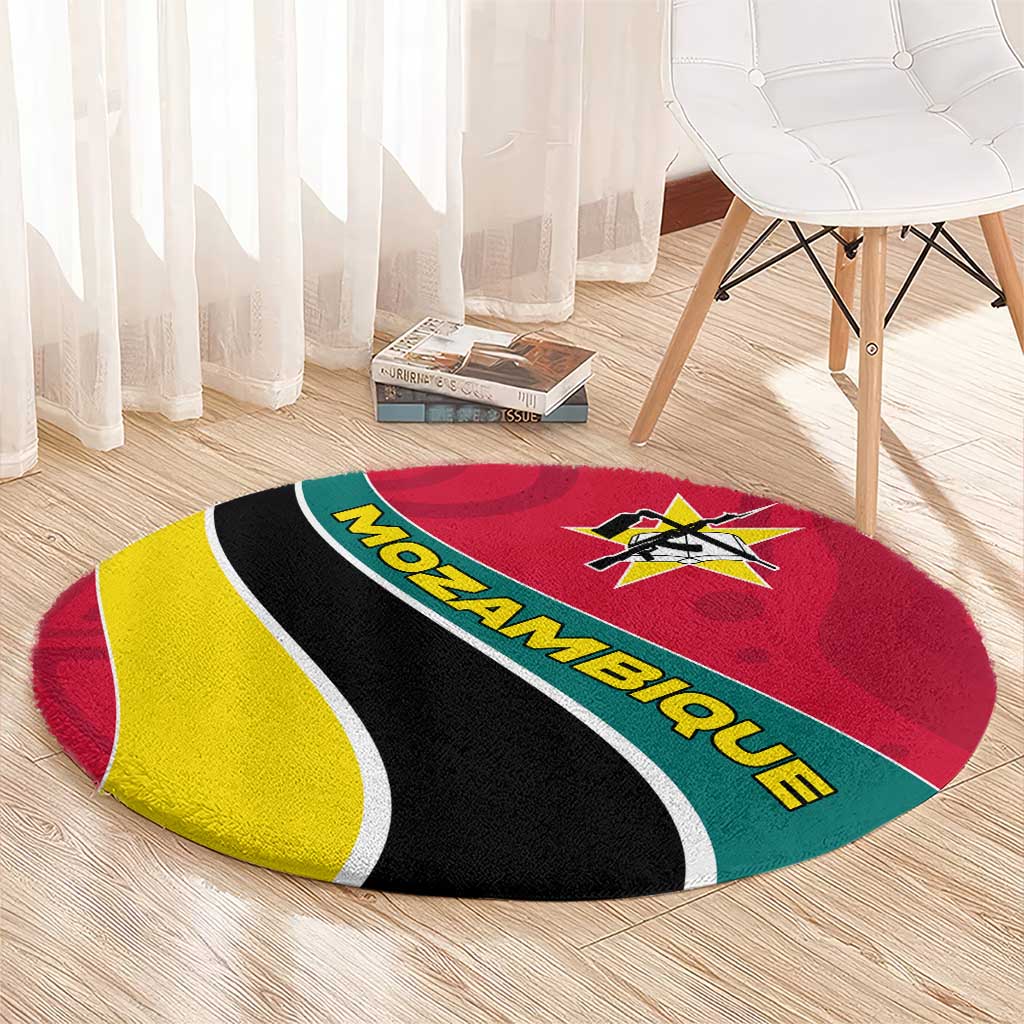 Mozambique Round Carpet with Red Yellow Green Wave Design and National Emblem - Wonder Print Shop