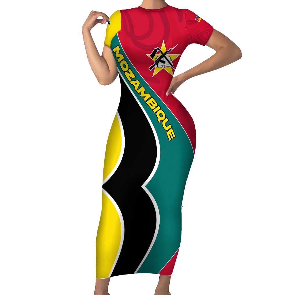 Mozambique Short Sleeve Bodycon Dress with Red Yellow Green Wave Design and National Emblem - Wonder Print Shop