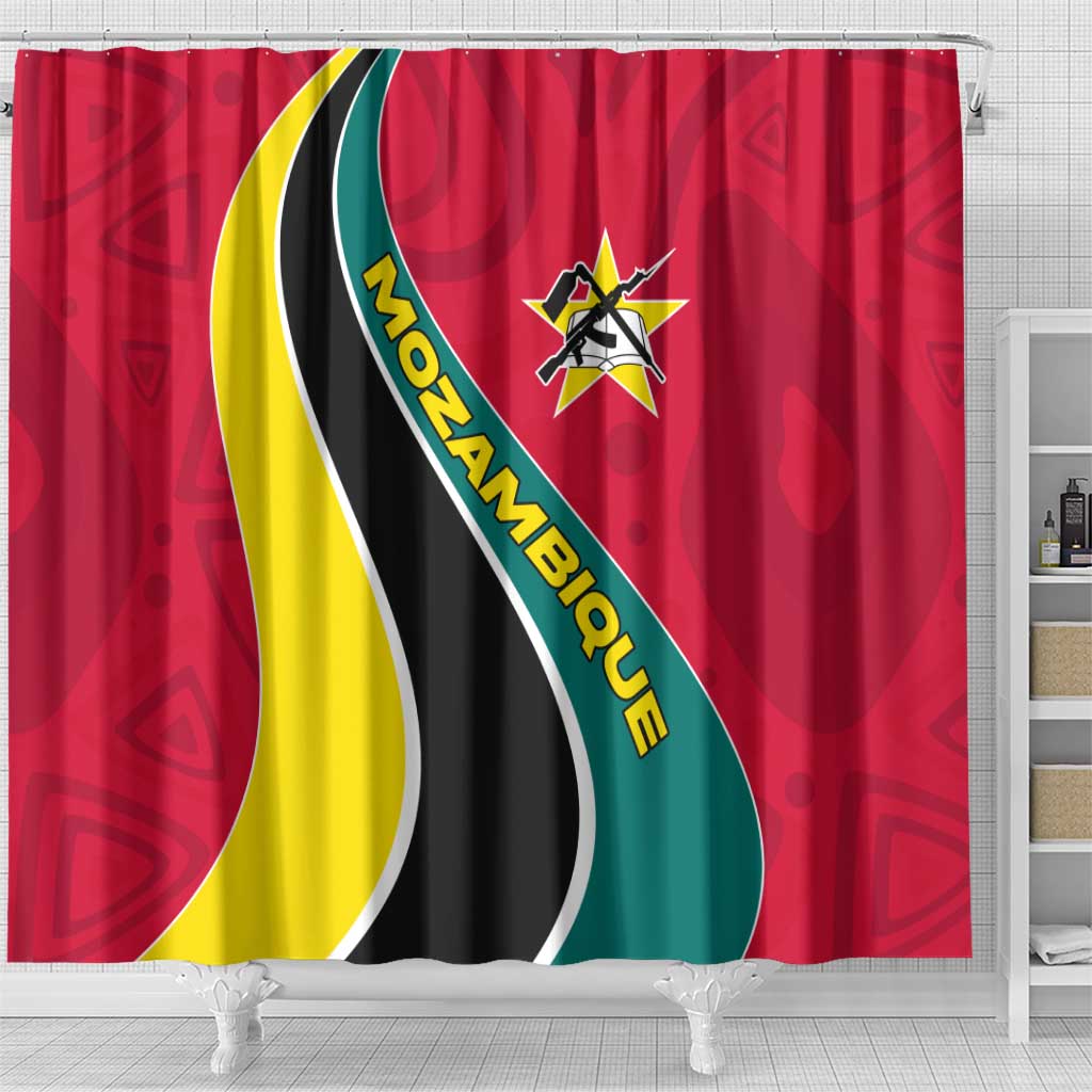 Mozambique Shower Curtain with Red Yellow Green Wave Design and National Emblem - Wonder Print Shop