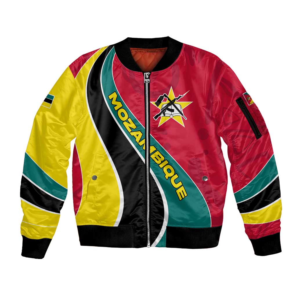 Mozambique Sleeve Zip Bomber Jacket with Red Yellow Green Wave Design and National Emblem - Wonder Print Shop