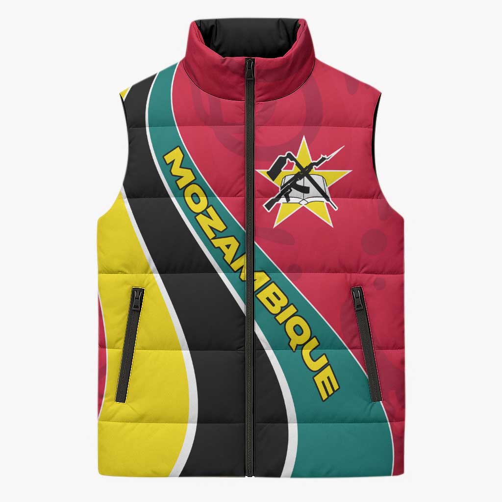 Mozambique Sleeveless Puffer Jacket with Red Yellow Green Wave Design and National Emblem - Wonder Print Shop
