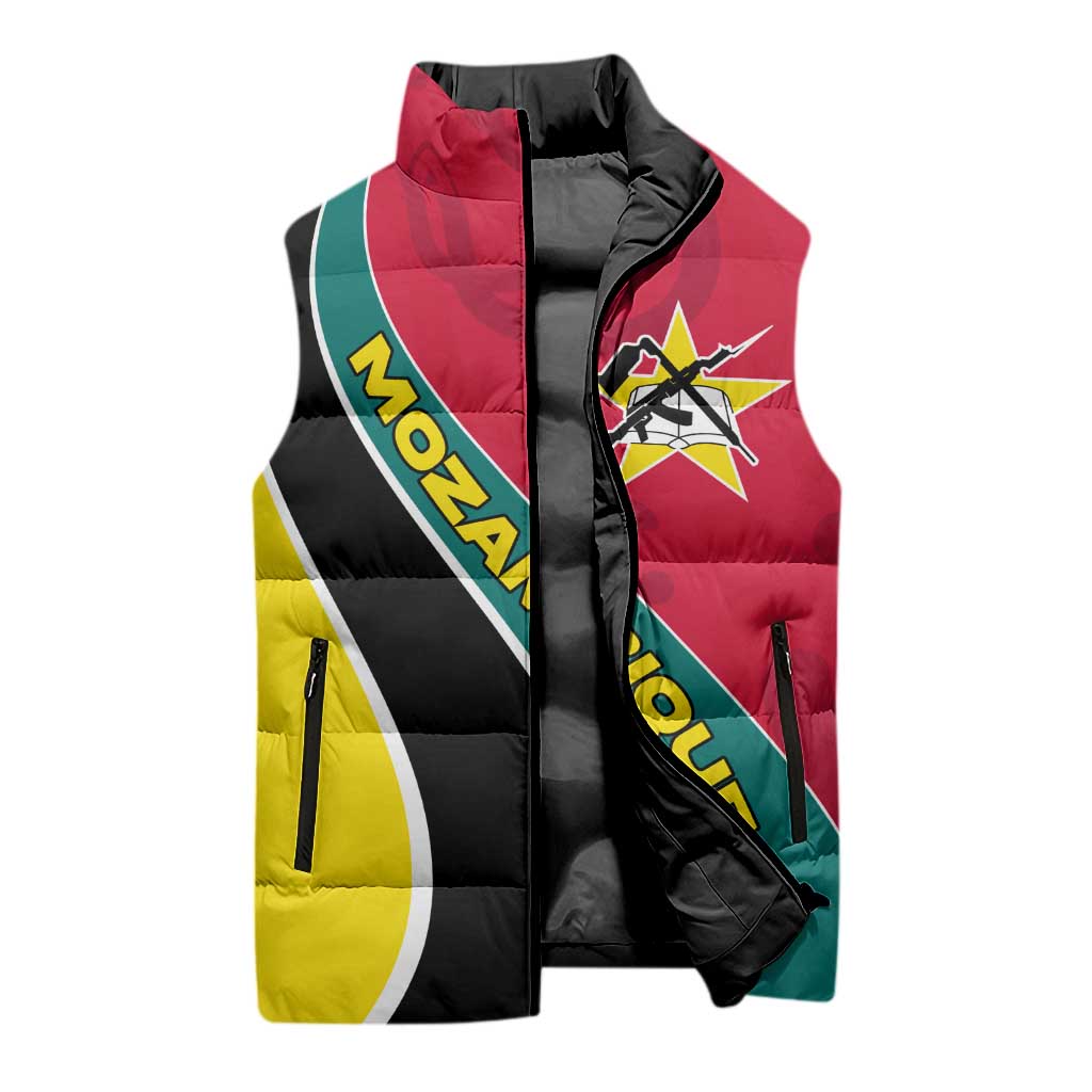 Mozambique Sleeveless Puffer Jacket with Red Yellow Green Wave Design and National Emblem - Wonder Print Shop