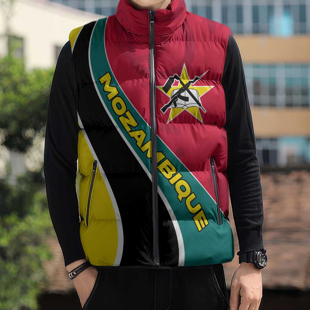 Mozambique Sleeveless Puffer Jacket with Red Yellow Green Wave Design and National Emblem - Wonder Print Shop
