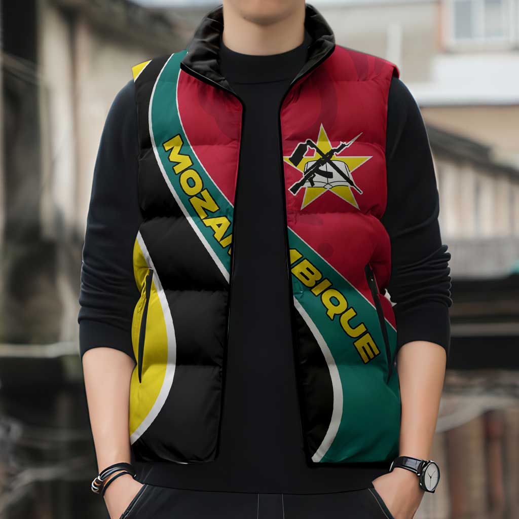 Mozambique Sleeveless Puffer Jacket with Red Yellow Green Wave Design and National Emblem - Wonder Print Shop