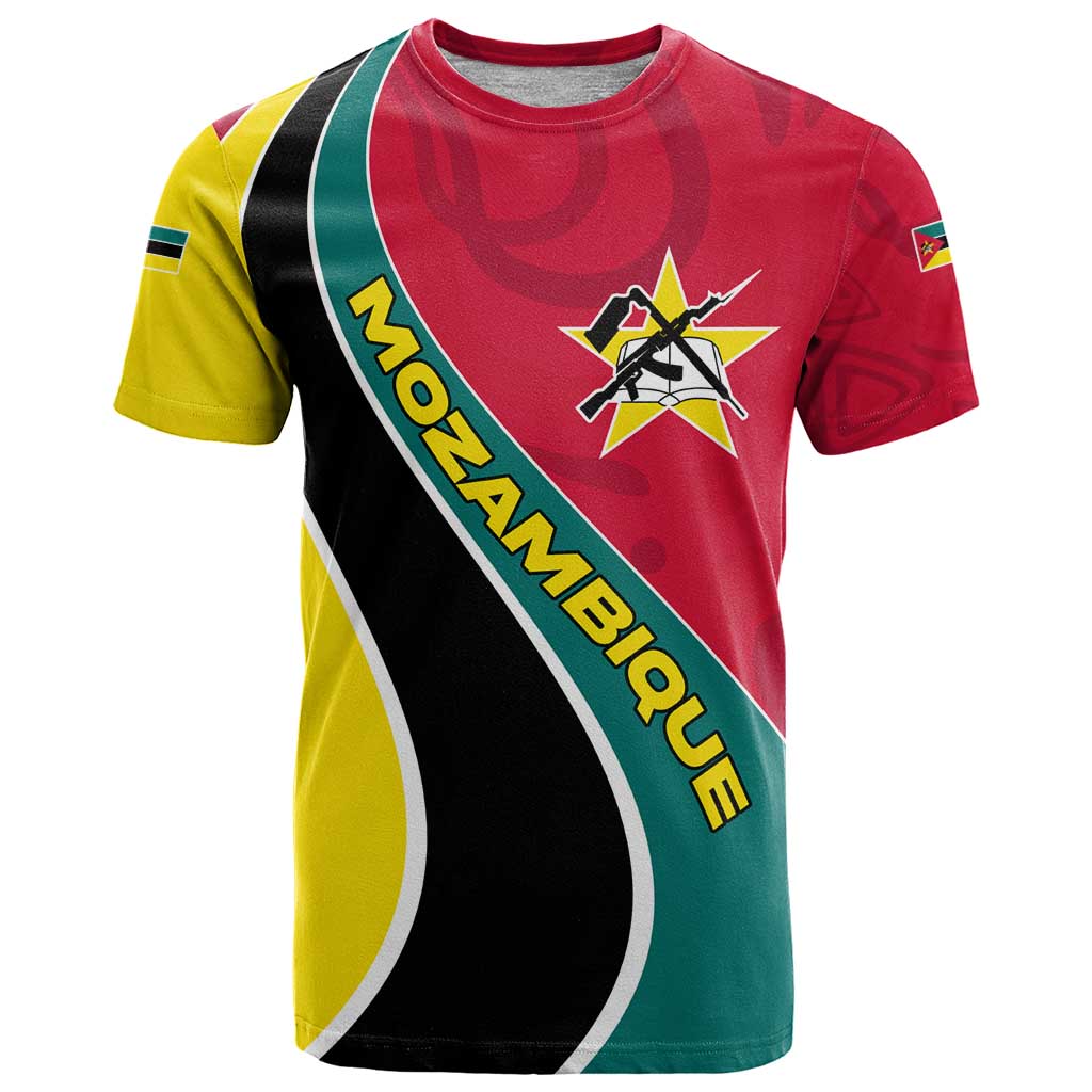 Mozambique T Shirt with Red Yellow Green Wave Design and National Emblem - Wonder Print Shop