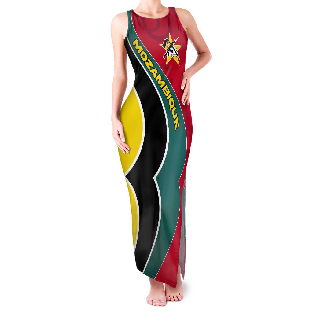 Mozambique Tank Maxi Dress with Red Yellow Green Wave Design and National Emblem - Wonder Print Shop