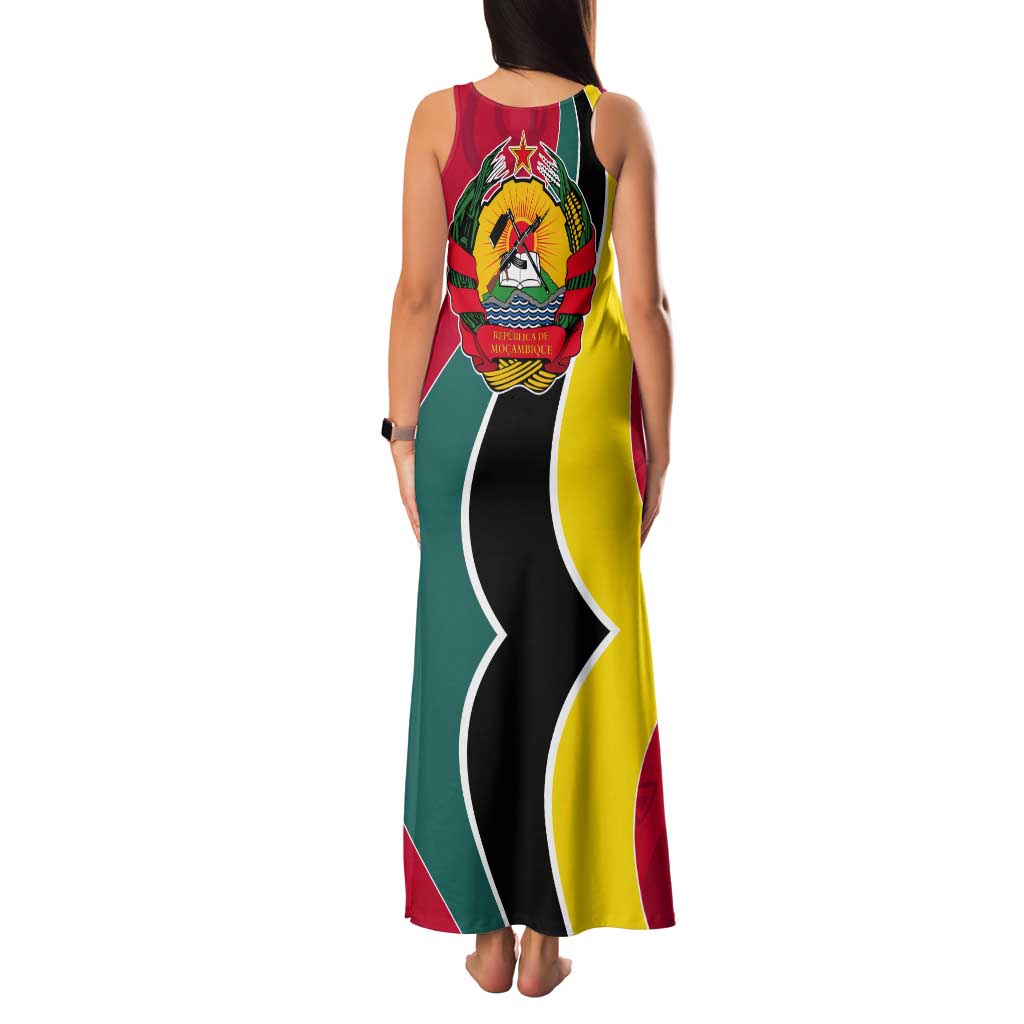 Mozambique Tank Maxi Dress with Red Yellow Green Wave Design and National Emblem - Wonder Print Shop