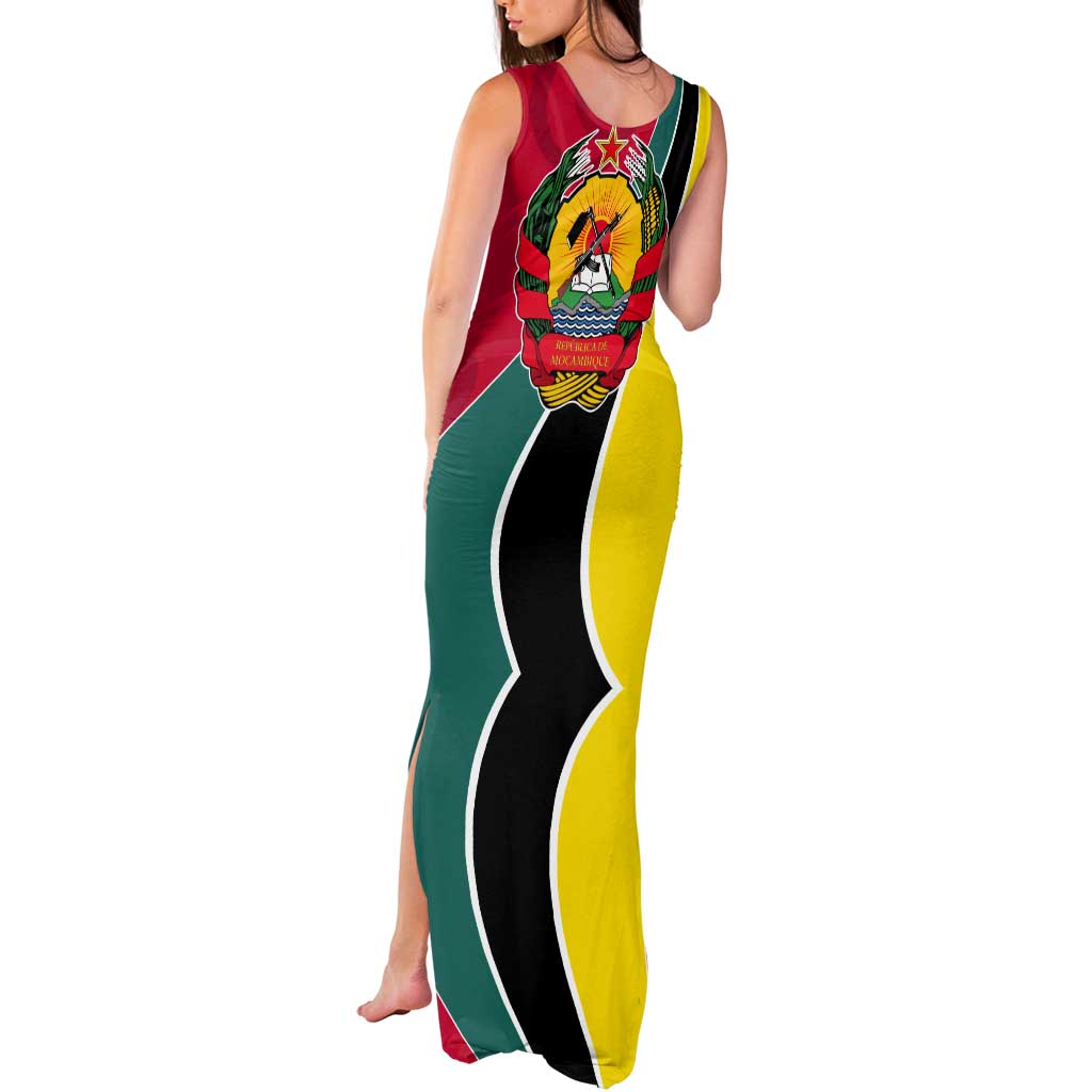 Mozambique Tank Maxi Dress with Red Yellow Green Wave Design and National Emblem - Wonder Print Shop